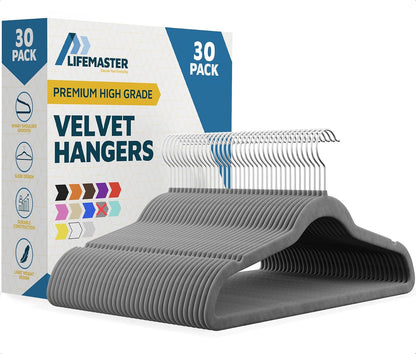 Lifemaster - Juego de 30 Perchas Antideslizantes de Terciopelo con Gancho Giratorio de 360°, Ahorro de Espacio, diseño Elegante, Mantiene el clóset organizado, Acabado de Terciopelo Suave - Paquete de 30 - Gris