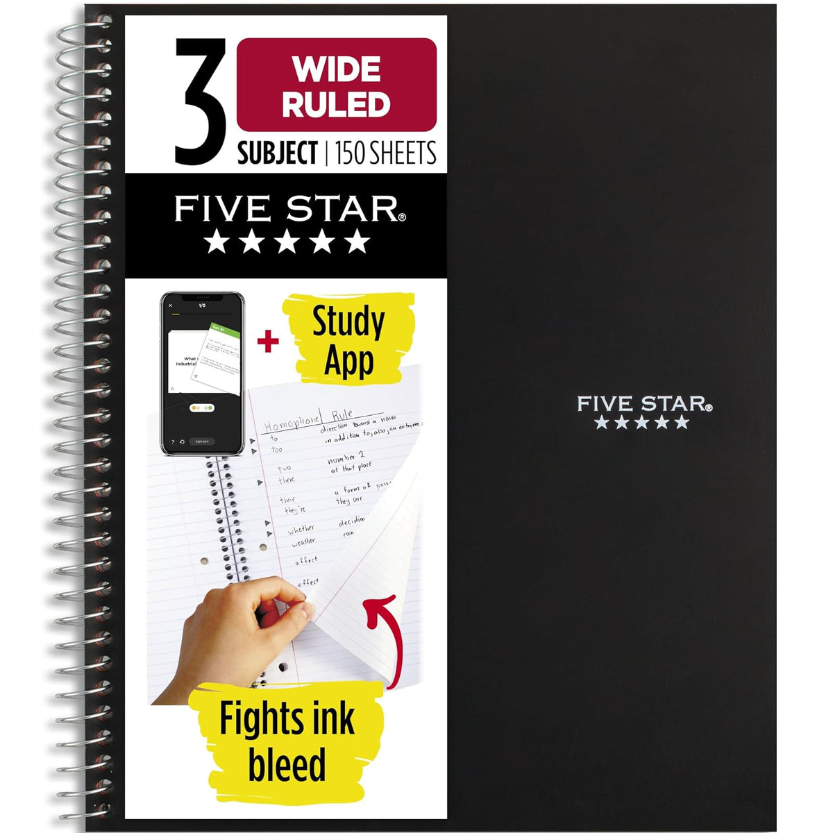 Five Star Cuaderno Espiral 3 Materias Raya Ancha 150 Hojas - Negro - - 10 1 - 2" x 8 5 - 8"