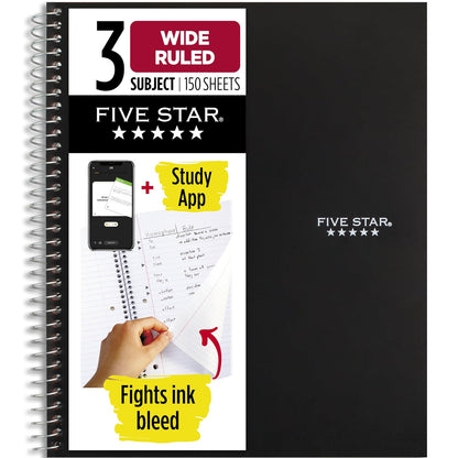 Five Star Cuaderno Espiral 3 Materias Raya Ancha 150 Hojas - Negro - - 10 1 - 2" x 8 5 - 8"