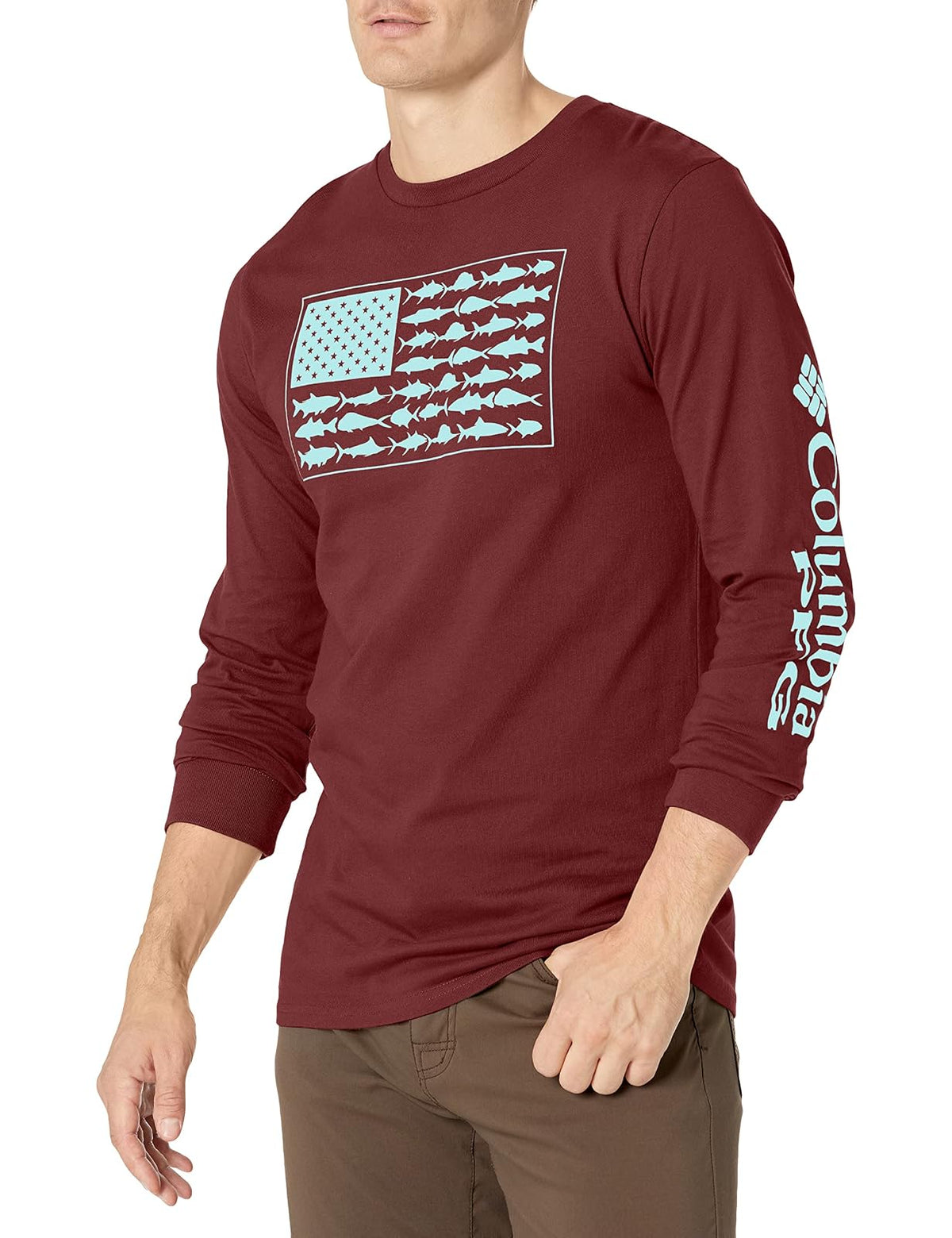 Columbia PFG Camiseta de Manga Larga para Hombre - Vino rico con Gulfstream - XL