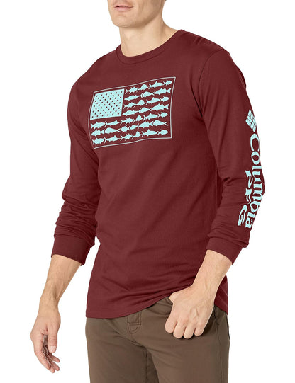 Columbia PFG Camiseta de Manga Larga para Hombre - Vino rico con Gulfstream - XL