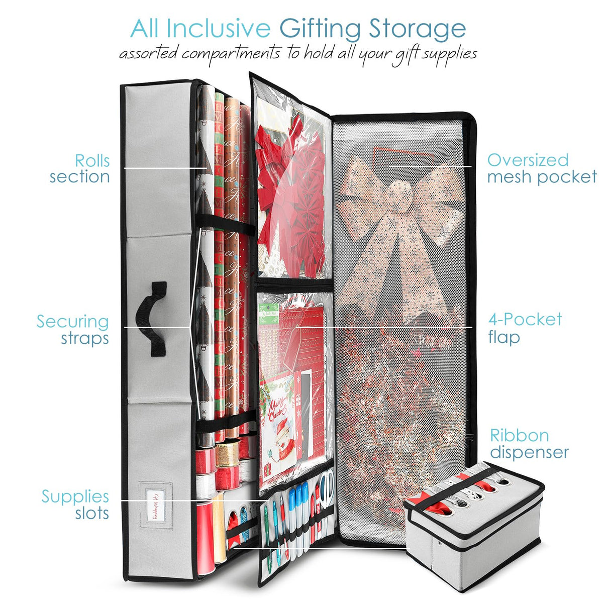 Hearth & Harbor - Contenedor de almacenamiento de papel de regalo con cinta organizador de almacenamiento - Bolsa de almacenamiento de Navidad con bolsillos interiores extras - Organizador de regalo