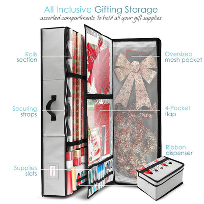 Hearth & Harbor - Contenedor de almacenamiento de papel de regalo con cinta organizador de almacenamiento - Bolsa de almacenamiento de Navidad con bolsillos interiores extras - Organizador de regalo