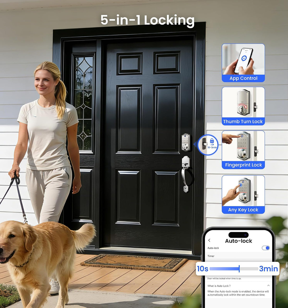 Veise VE017 - Cerradura de puerta inteligente con huellas dactilares, control de aplicación, entrada sin llave 7 en 1, bloqueo automático, puerto de alimentación de emergencia, teclado electrónico con