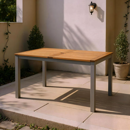 Mesa de Comedor Barcelona 140cm de Madera y Aluminio para Jardin y Exterior con Acabado de Teca, Patas de Aluminio Color Gris Claro