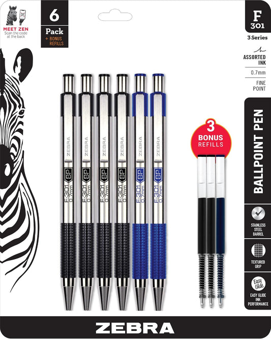 Zebra Pen F-301 - Bolígrafo retráctil, barril de acero inoxidable, punta fina, 0,7 mm, 4 negros, 2 azules y 3 recambios adicionales, 6 unidades