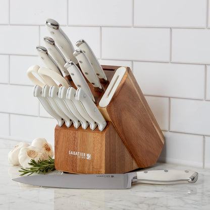 Sabatier Juego de 15 Cuchillos Forjados Edgekeeper | Con afilador integrado, acero inoxidable de alto carbono, bloque de acacia, color blanco