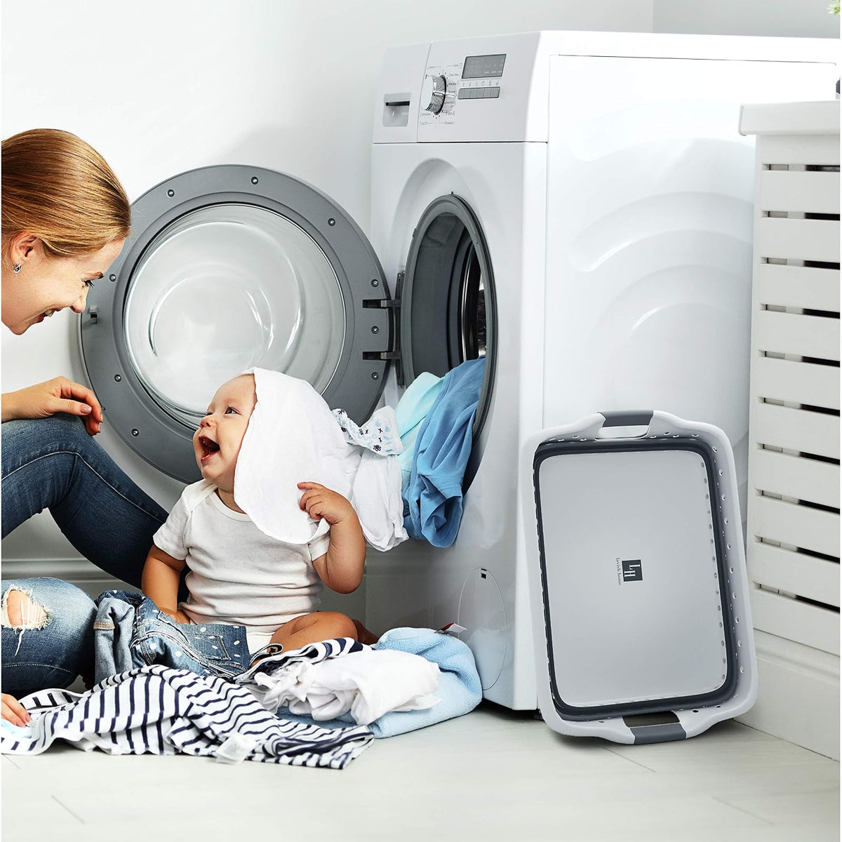 Lavish Home Collapsible Laundry Basket-Square Space Saving Pop Up Clothes, Multiuse Organizer/Storage Container with Comfort Grip Handles (Gray)