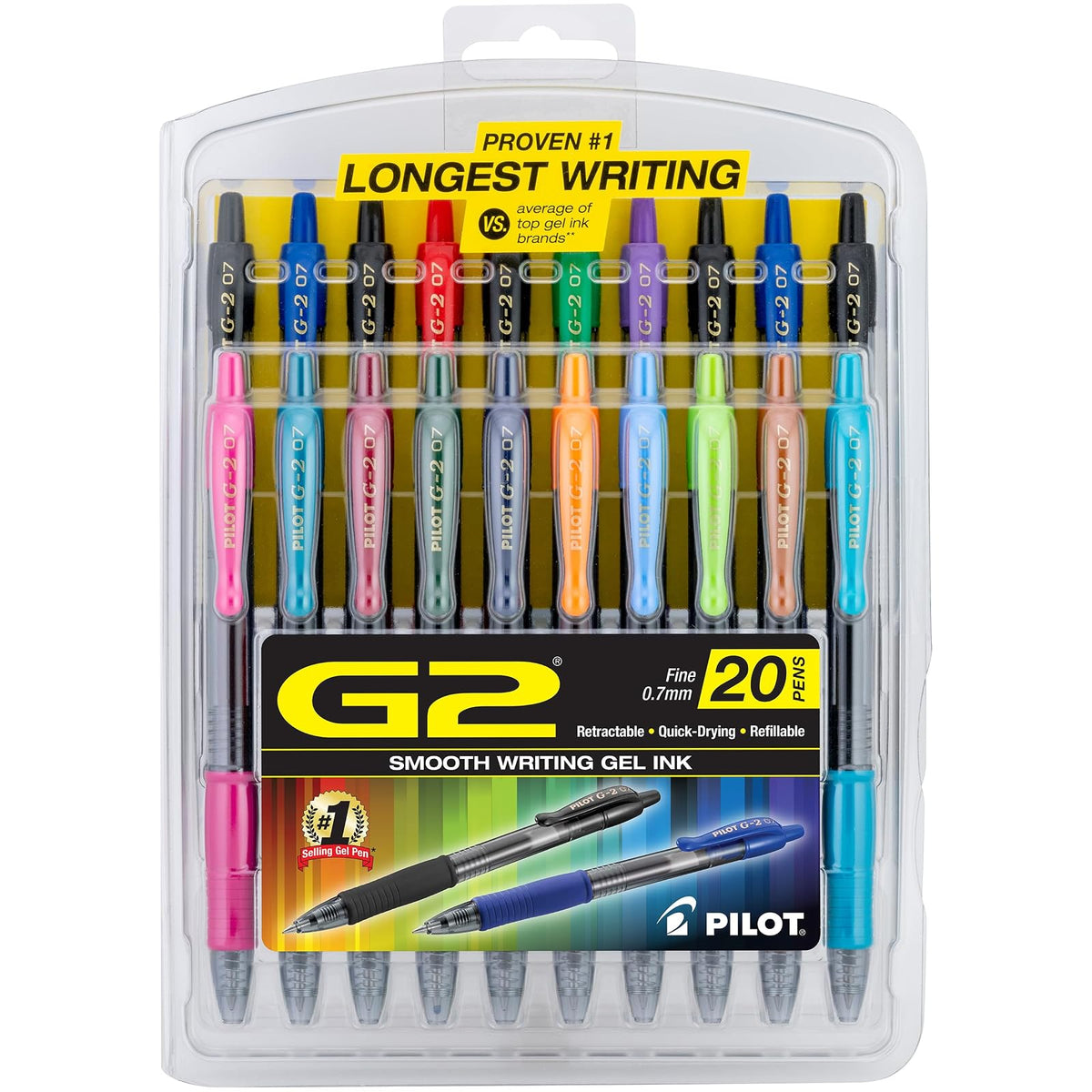 Pilot G2 Bolígrafos de Gel Recargables Punta Fina 0.7 mm - Colores Variados - paquete de 20 piezas