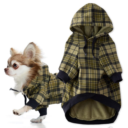 Pet Passion Rocky II Sudadera con Capucha de Algodón Orgánico para Perro - X-Small (5-12 lbs) - Olive Chesterfield Plaid