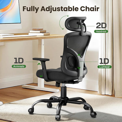 Marsail Silla ergonómica de malla de oficina con respaldo alto, soporte lumbar ajustable con reposacabezas abatible con brazos elevables, silla giratoria para computadora para personas grandes y altas