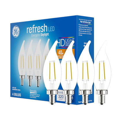 GE Refresh - Bombillas LED de 40 W, luces de vela de día, bombillas decorativas transparentes, base pequeña (paquete de 4)
