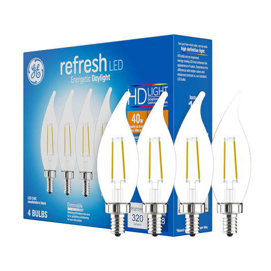 GE Refresh - Bombillas LED de 40 W, luces de vela de día, bombillas decorativas transparentes, base pequeña (paquete de 4)