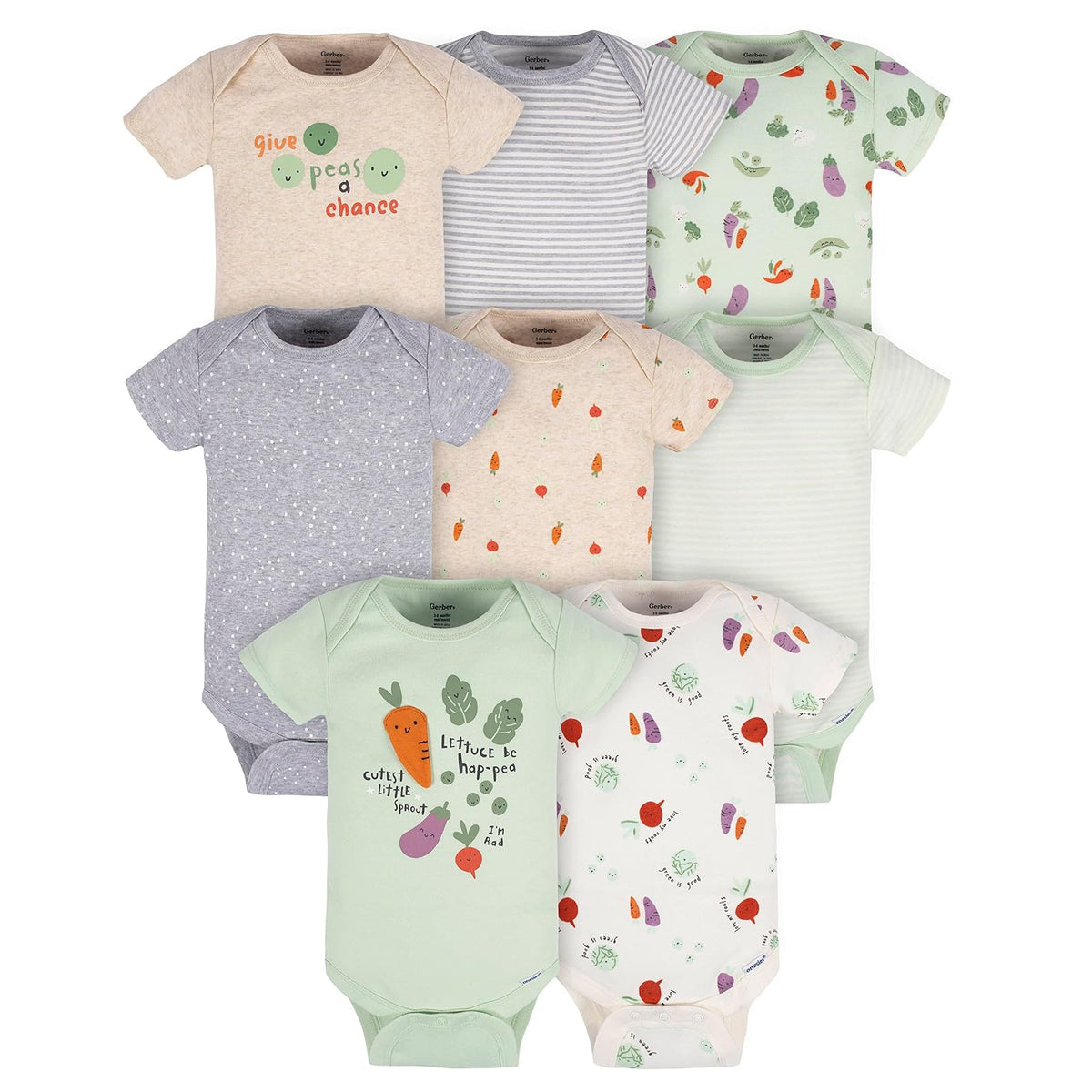 Gerber Paquete de 8 Mamelucos para Bebé Manga Corta - 3-6 Meses - Veggies felices