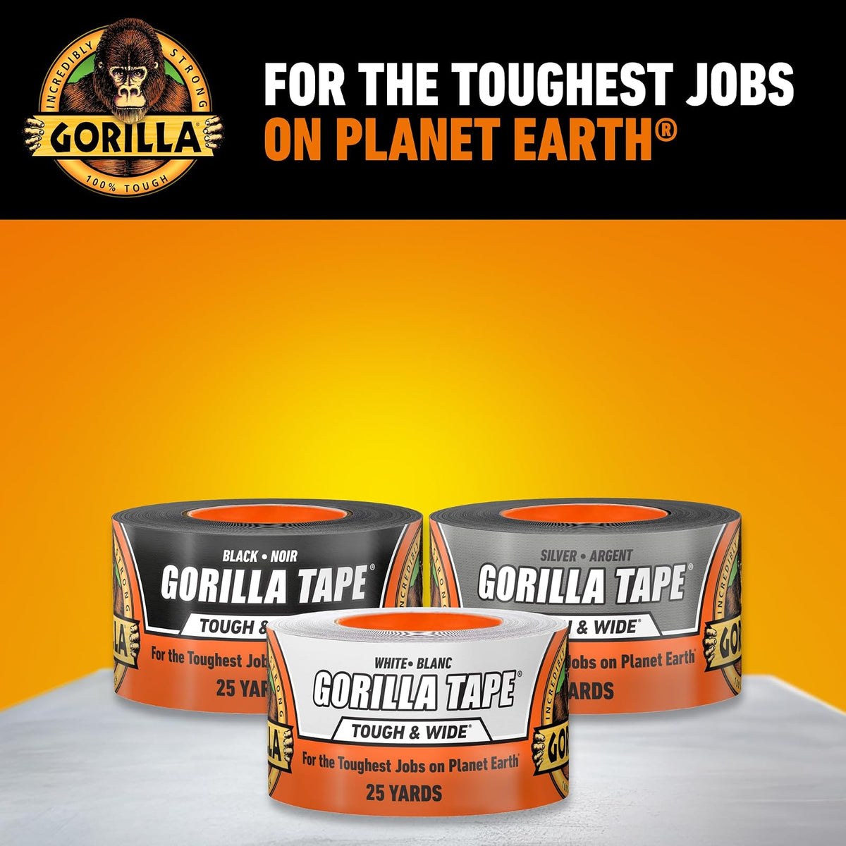Gorilla Tape Tough & Wide, cinta blanca, 2.9 x 25 yardas (paquete de 1) – Resistente y resistente a la intemperie para interiores o exteriores