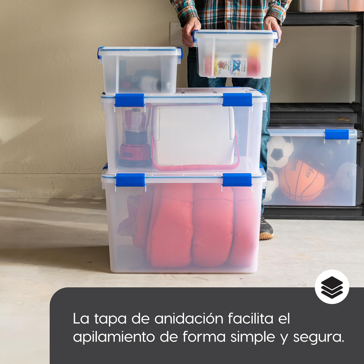 IRIS USA 3 Contenedores de 16 Qt con Tapa Hermética, Claro/Azul | El sello WeatherPro protege zapatos, manualidades, documentos y suministros del polvo y la humedad.