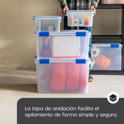 IRIS USA 3 Contenedores de 16 Qt con Tapa Hermética, Claro/Azul | El sello WeatherPro protege zapatos, manualidades, documentos y suministros del polvo y la humedad.