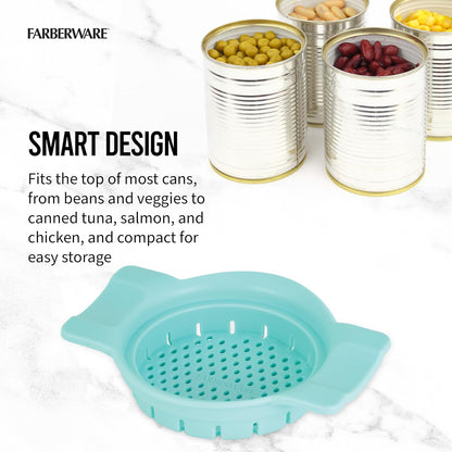 Farberware Colador de latas, para colar rápida y fácil pasta, frutas, verduras, jugos, atún y más, se adapta a la mayoría de latas estándar, apto para lavaplatos, Aqua Sky