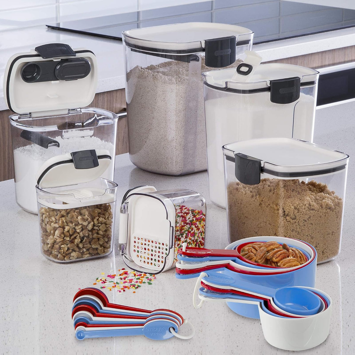 prepworks from Progressive International - Juego de 19 utensilios, 9 cucharas y 10 tazas medidoras, rojo/blanco/azul