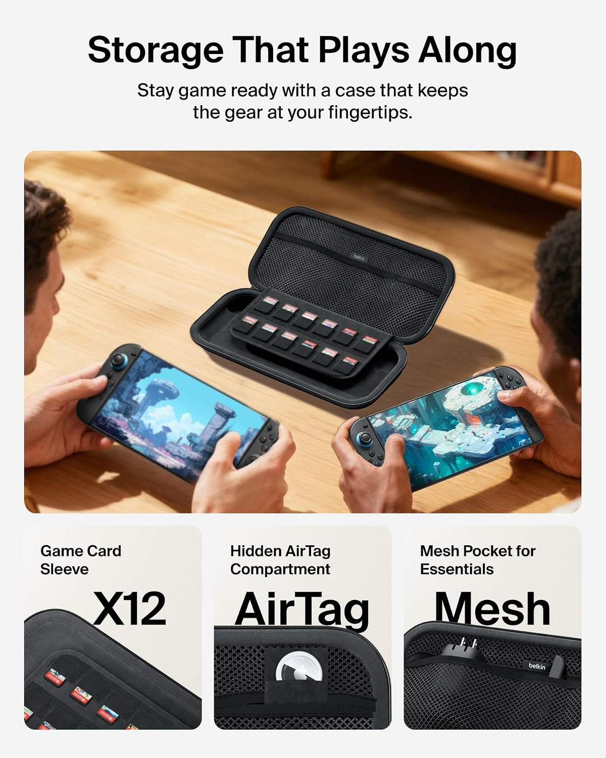 Belkin - Funda de Transporte para Nintendo Switch 2, Bolsa de Viaje con Soporte AirTag y Bolsillo de Almacenamiento para Tarjetas de Juego, portátil, Ligera, Funda Protectora con Carcasa Dura
