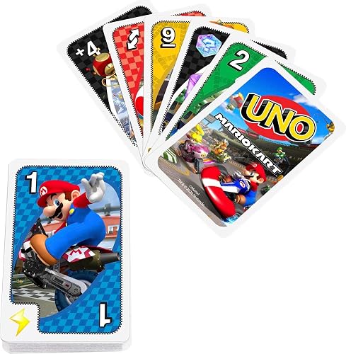 Juego de Cartas UNO de Mario Kart con 112 Cartas e Instrucciones (Idioma español no garantizado), para Jugadores de 7 años y más, Regalo para niños, Familia y Adultos