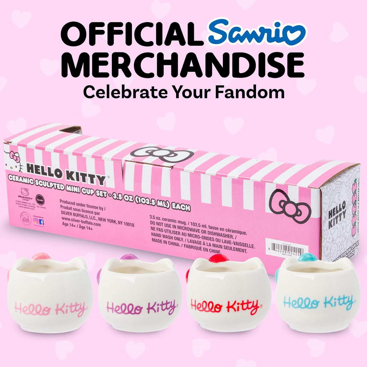 Silver Buffalo Sanrio Hello Kitty - Juego de 4 lazos de cerámica esculpida 3D con diseño de Hello Kitty (4 unidades), perfecto como juego de azúcar, crema o leche, 3.5 onzas
