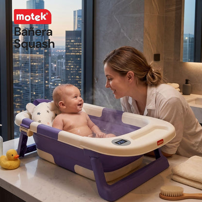 Motek Squash Bañera Tina Plegable para Bebé con Termómetro Digital Táctil, Red Acolchada de Soporte, Tapón de Drenaje y Charola Removible, Diseño Ultra Compacto Portátil, Superficie antideslizante (Azul)