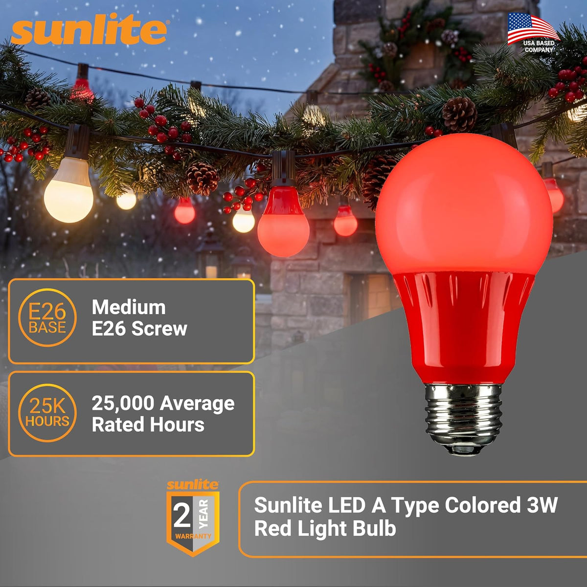 Sunlite 80148 Red LED A19 3 Watt Medium Base 120 Volt UL Listed LED Light Bulb, last 25,000 Hours