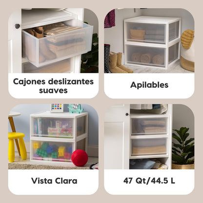 IRIS USA 44.5 L Cajón de Plástico Extra Grande Apilable, Paquete de 2, Organizadora Apilable con Cajón Deslizable para Dormitorio, Cuarto de Manualidades, Dormitorio, Oficina, Blanco