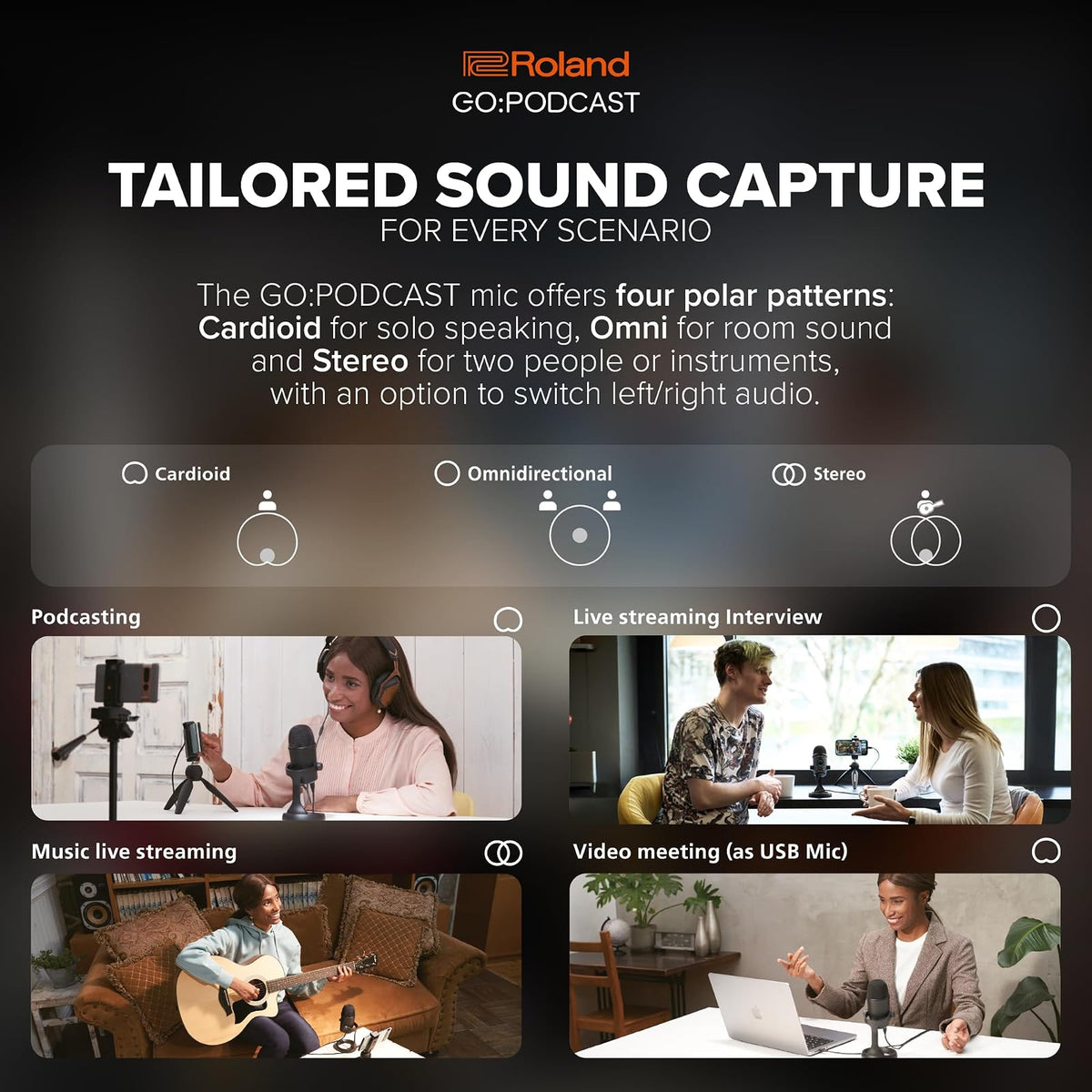 Roland GO:Podcast Video Podcasting Studio for Smartphones | Livestreaming System for Podcasters, Vloggers & More | Intuitive Video App | USB Microphone | Four Polar Patterns