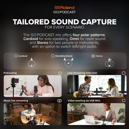 Roland GO:Podcast Video Podcasting Studio for Smartphones | Livestreaming System for Podcasters, Vloggers & More | Intuitive Video App | USB Microphone | Four Polar Patterns