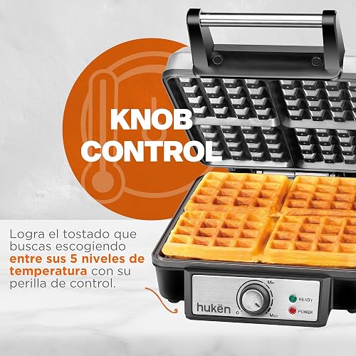 Hukën x MasterChef | Wafflera Belga Eléctrica Heat+ Premium 4 Rebanadas | Perilla de Temperatura Ajustable | Diseño de Acero Inoxidable | Luces de Encendido y Listo | Antiadherente de Alto Nivel