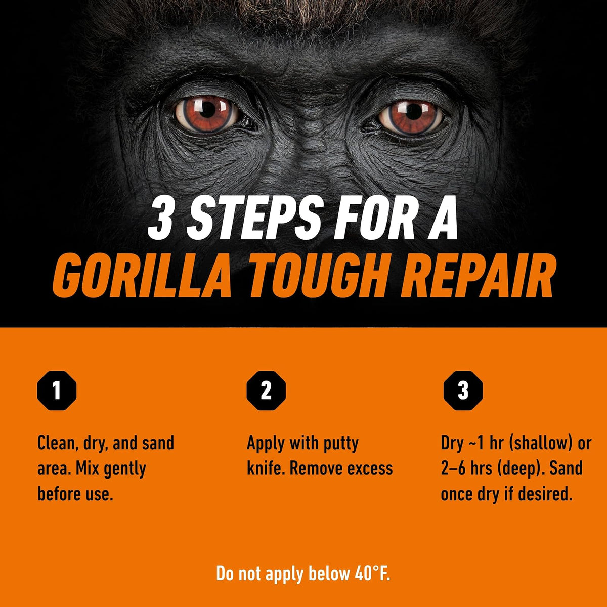 Gorilla - Kit de relleno de madera multiusos, con cuchillo de masilla y | Repara grietas y agujeros, acabado lijable suave, resistente al agua, reparación de alto rendimiento