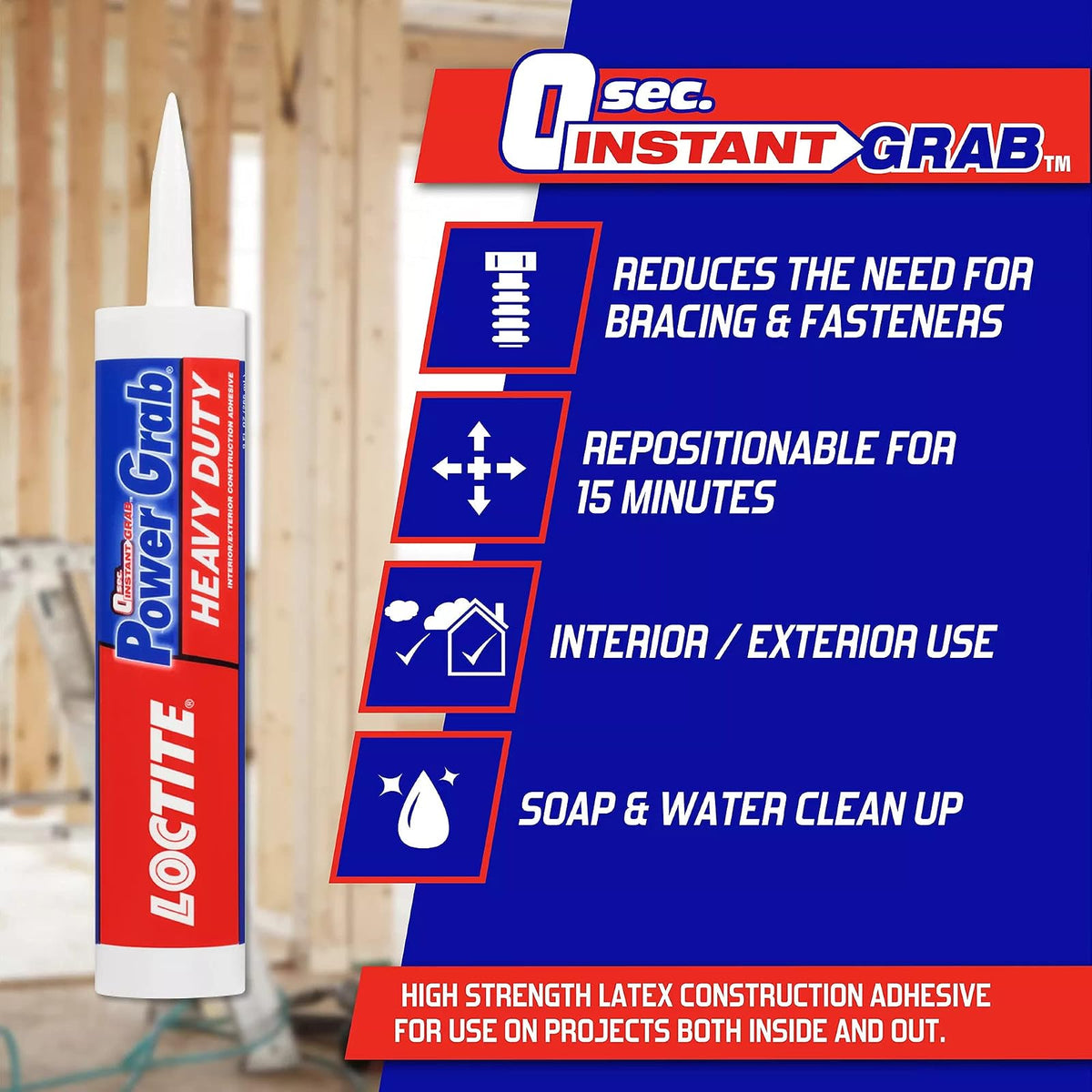 Loctite Power Grab Express - calcomanía de construcción resistente, pegamento de construcción versátil para madera, pared, azulejos, tablero de espuma y más, cartucho de 9 onzas líquidas, paquete de 1