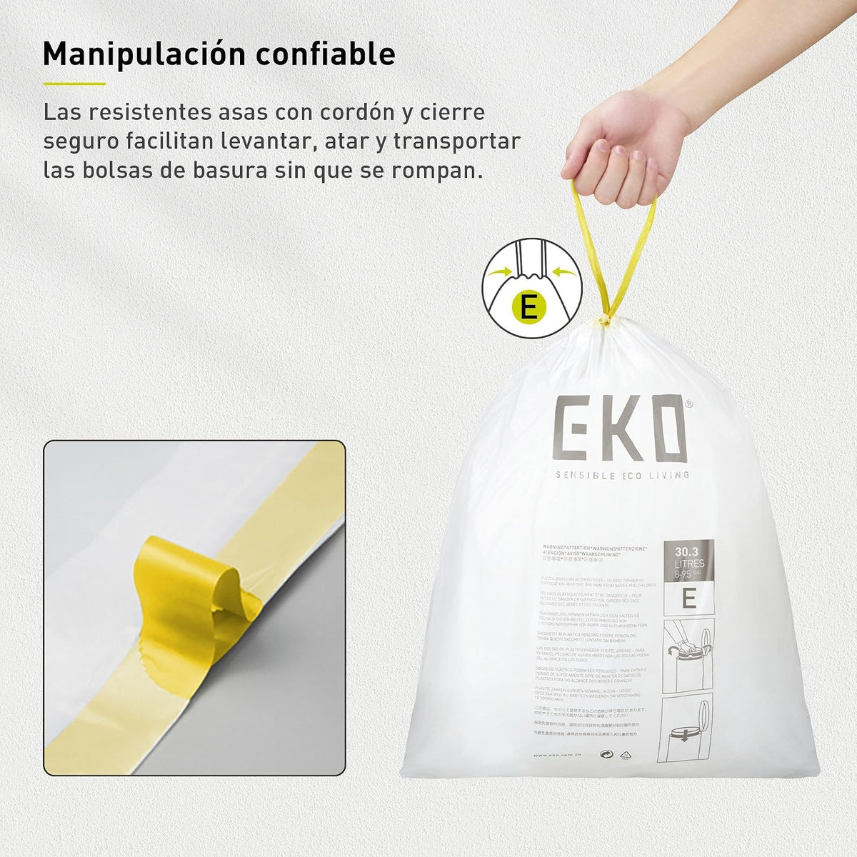 EKO Bolsas de Basura Tamaño E. 25-35 Litros. 80unidades. Caja dosificación fácil. Compatible con bote de basura EKO, uso en cocina, doméstico, extrafuertes, con cordón