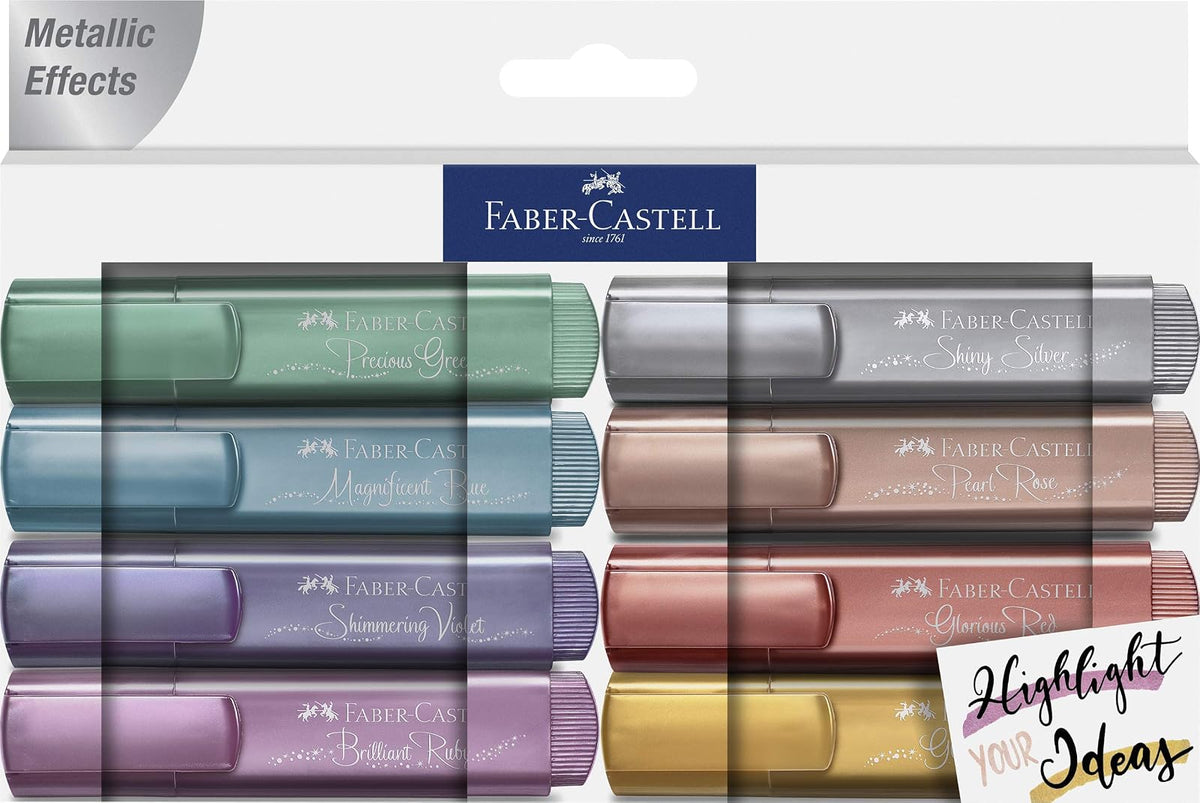 Faber-Castell. Pack 8 textliner 46 metálicos, colores, verde, azul, violeta, rosa, rosa perlado, plata, oro y rojo. Presentación creative studio