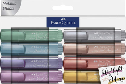 Faber-Castell. Pack 8 textliner 46 metálicos, colores, verde, azul, violeta, rosa, rosa perlado, plata, oro y rojo. Presentación creative studio