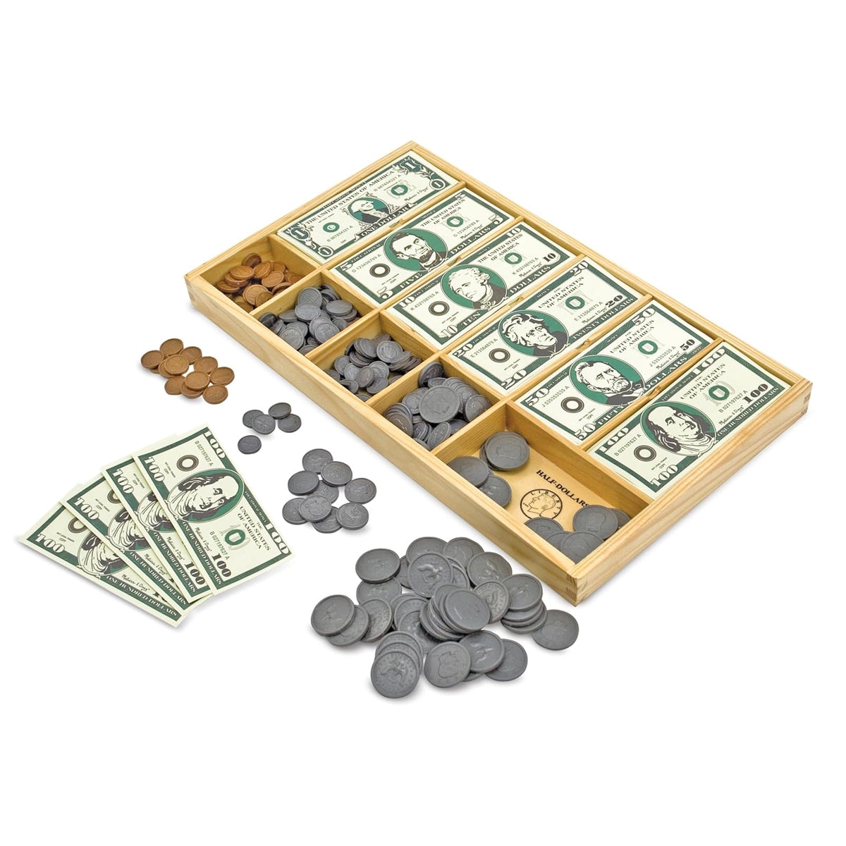 Melissa & Doug Set Clásico de Juego de Dinero, Juguetes de Desarrollo, 50 de Cada Denominación, Cajón de Efectivo en Madera