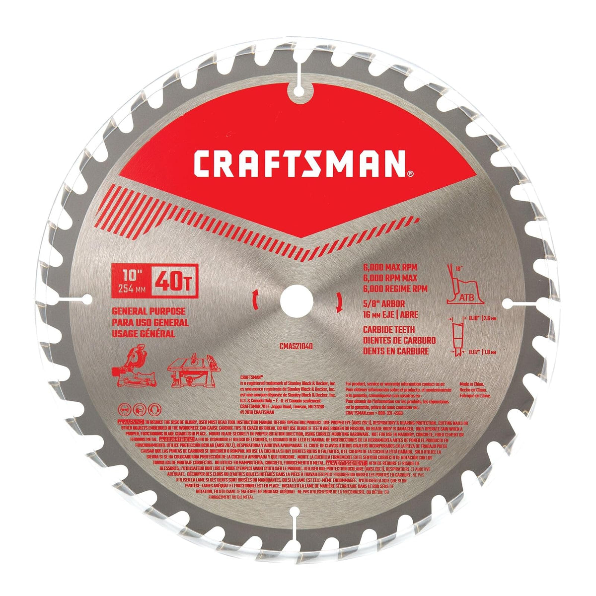 CRAFTSMAN - Hoja de sierra circular de carburo 40T de 10 pulgadas, hoja de sierra de mesa con eje de 5/8 pulgadas (CMAS21040)