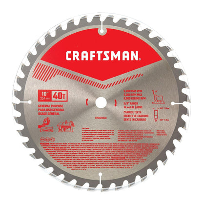 CRAFTSMAN - Hoja de sierra circular de carburo 40T de 10 pulgadas, hoja de sierra de mesa con eje de 5/8 pulgadas (CMAS21040)