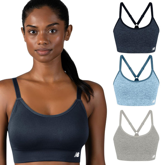 New Balance Brasier Deportivo sin Costuras, Paquete de 3, Playera de Yoga, Sostén Deportivo, Ajuste de Entrenamiento