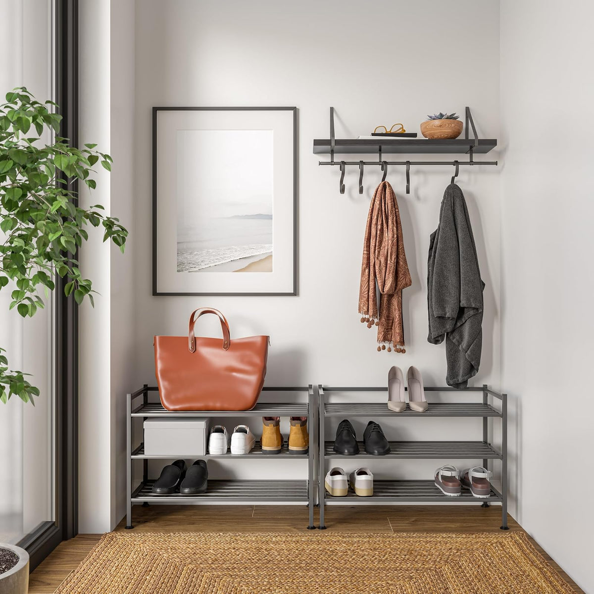 Seville Classics Sturdy Freestanding Storage Shelf for Bedroom, Closet, Entryway, Dorm Room Organizer, Stackable Durable Metal Shoe Rack, Ash Gray Slat, 3-Tier