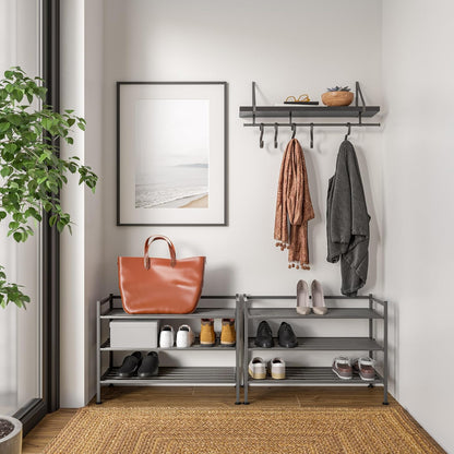 Seville Classics Sturdy Freestanding Storage Shelf for Bedroom, Closet, Entryway, Dorm Room Organizer, Stackable Durable Metal Shoe Rack, Ash Gray Slat, 3-Tier