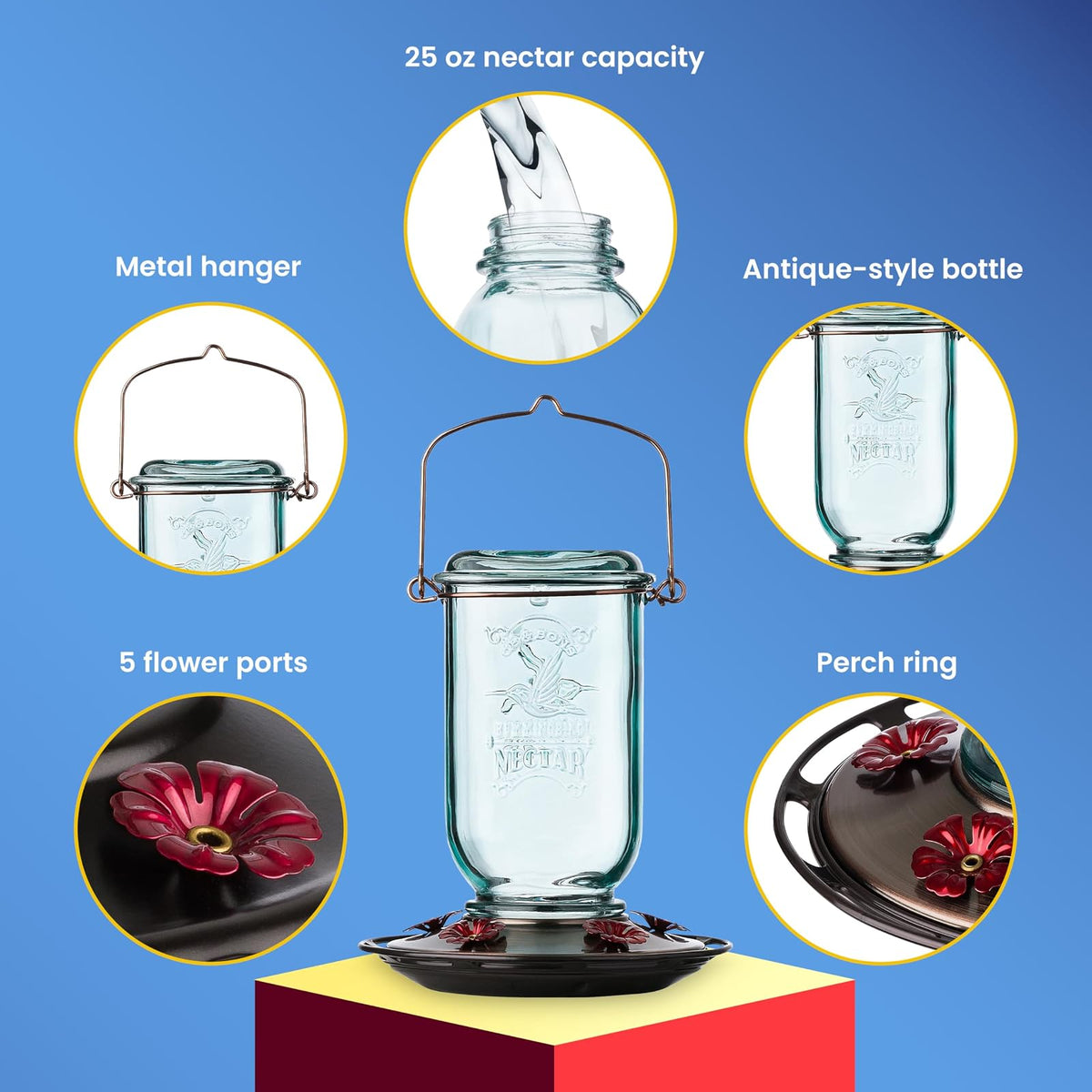 More Birds Hummingbird Feeder, Glass Hummingbird Feeders, 5 Feeding Stations, 25-Ounce Nectar Capacity, Mason Jar