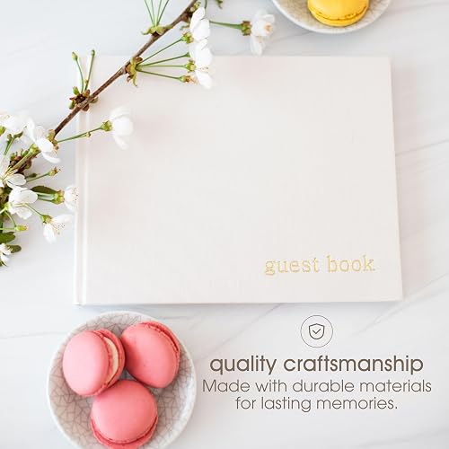 Pearhead - Libro de visitas para baby shower, clásico de género neutro para baby shower, bodas, fiestas y eventos, lino marfil con estampado dorado, 100 páginas en blanco
