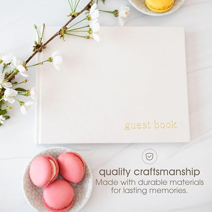 Pearhead - Libro de visitas para baby shower, clásico de género neutro para baby shower, bodas, fiestas y eventos, lino marfil con estampado dorado, 100 páginas en blanco