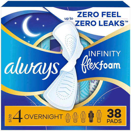 Always Infinity FlexFoam Almohadillas para mujer, tamaño 4, absorción nocturna, hasta 12 horas sin fugas, protección sin sensación, con alas sin perfume, 38 unidades