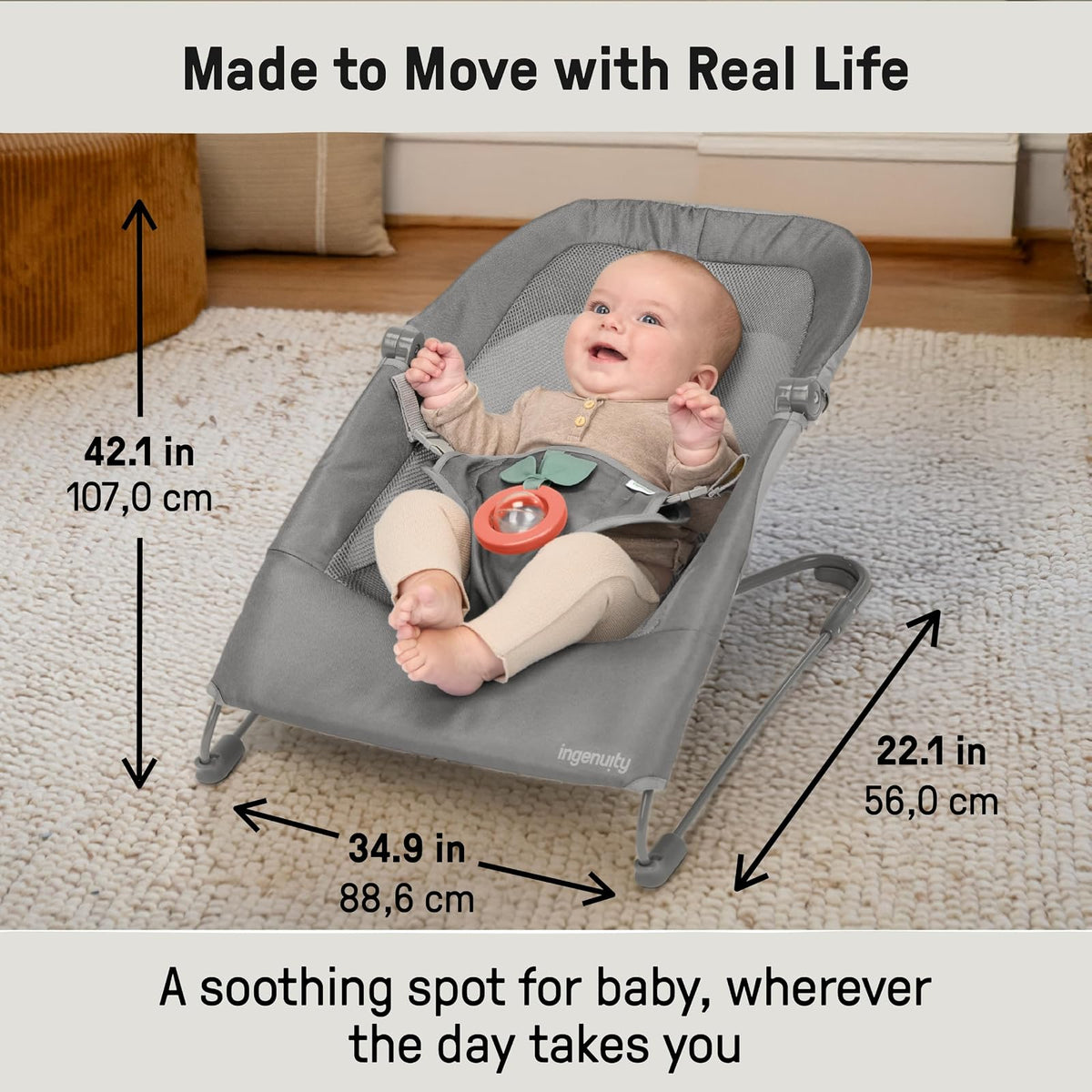 Ingenuity Bouncer Silla Mecedora Plegable para Bebé, Vibraciones relajantes, Arnés de 3 puntos, sonajero extraíble, Unisex, Color gris, de 0 meses hasta 9 kg