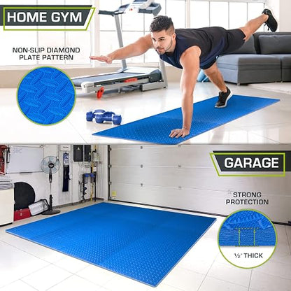 ProsourceFit Exercise Puzzle Mat , EVA Foam Interlocking Tiles Protective and Cushion Flooring for Gym Equipment, Exercise and Play Area, Blue - 1/2 Inch - 48 Sq Ft - 12 Tiles