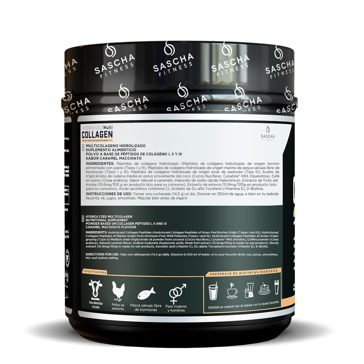 Sascha Fitness Multi Colágeno Hidrolizado | Ácido Hialurónico | Biotina | Cynatine HNS | Vitamina C & E - Sabor Caramel Macchiato